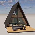 Modern Detached House With Triangular Roof Large Glass Windows And Wooden Deck Sofa Fire Pit