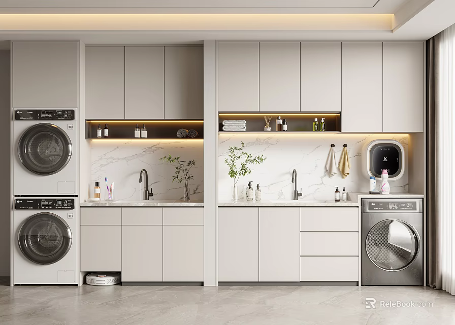 Modern Laundry Room Interior With Washing Machines Cabinets Sink And Green Plants 3d model 