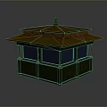 Traditional Pavilion Structure With Green Base And Columns Brown Roof Spire Decoration And Blue Windows