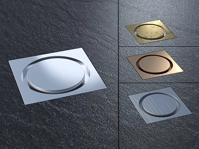Modern Bathroom Floor Drains With Square Base And Round Top In Silver Gold Brass Gray 3d model
