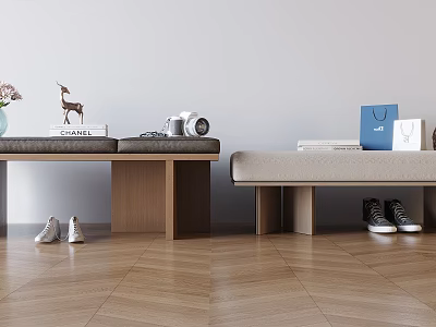 Wooden Benches With Items On Top And Shoes Underneath Light Wall Wooden Floor 3d model