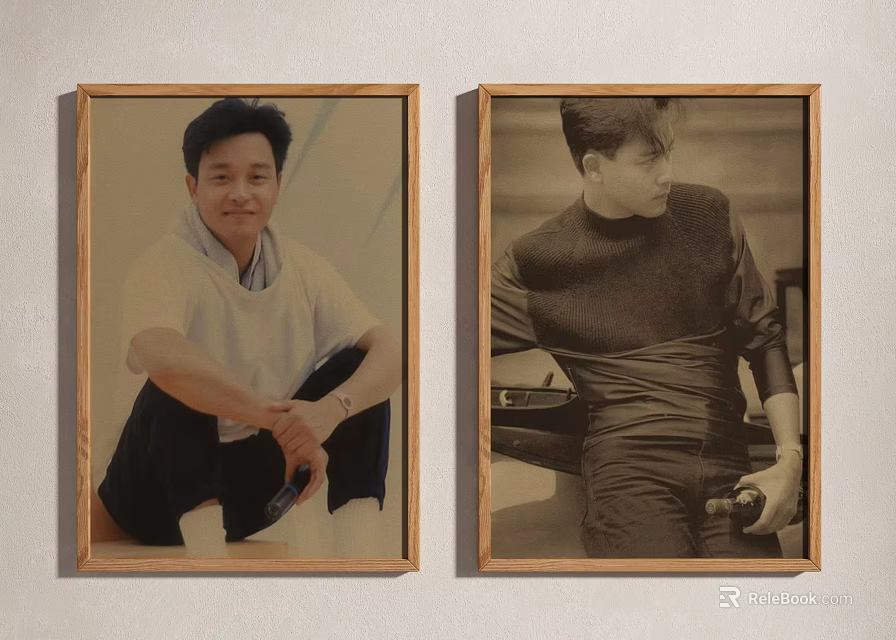 Two Male Portrait Paintings In Wooden Frames Hanging On Wall Sitting Standing Poses Holding Objects 3d model 