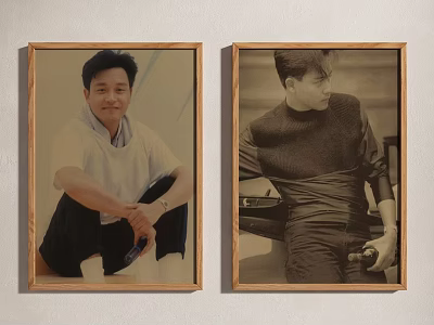 Two Male Portrait Paintings In Wooden Frames Hanging On Wall Sitting Standing Poses Holding Objects 3d model