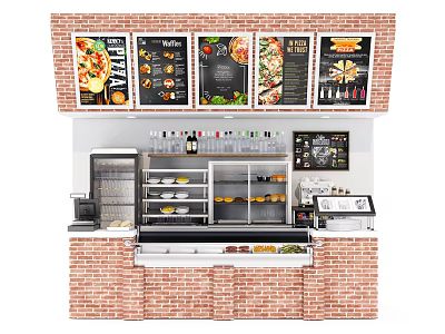 Brick Food Counter With Menu Boards Pizza Displays Refrigerated Cases And Cash Register 3d model