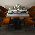 Dining Table Set Featuring Wooden Marble Pattern Top Orange Upholstered Chairs And Tableware 3d model