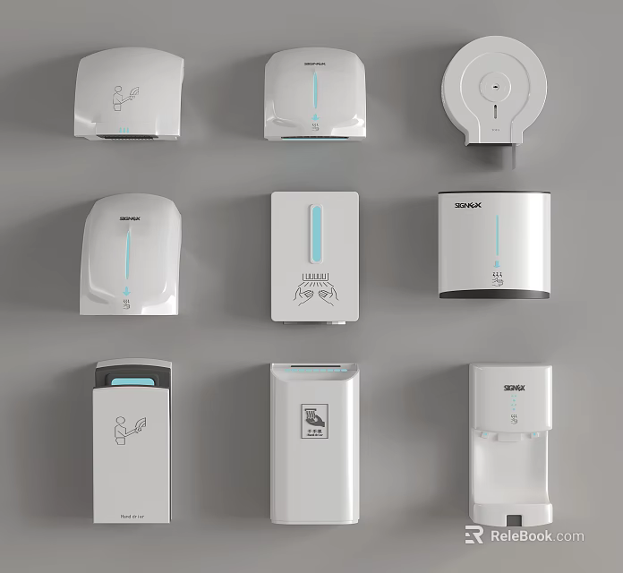 Modern White Commercial Restroom Equipment Including Hand Dryers And Towel Dispensers 3d model 