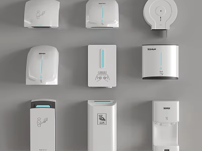 Modern White Commercial Restroom Equipment Including Hand Dryers And Towel Dispensers 3d model
