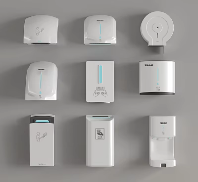Modern White Commercial Restroom Equipment Including Hand Dryers And Towel Dispensers 3d model