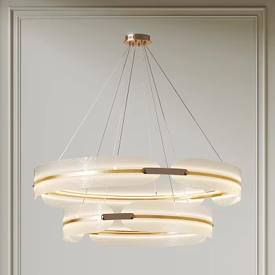 Modern Double Circular Chandelier With Frosted Glass Shades And Golden Metal Frame 3d model