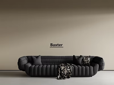 Baxter Black Sectional Sofa With Cushions And Throw Blanket Against Light Brown Wall 3d model