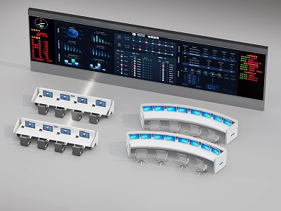 Modern White Control Desk Console With Blue Lighting And Large Data Monitor 3d model