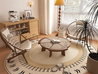 Round Glass Top Coffee Table With Wooden Legs And Wicker Chairs In Bright Living Room 3d model