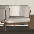 Modern Beige Fabric Accent Chair With Wooden Armrests Legs And Side Table