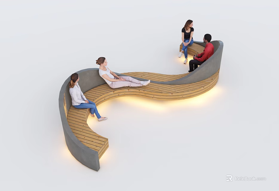 Modern Garden Landscape Design With Curved Wooden Bench Lighting And People Sitting 3d model 