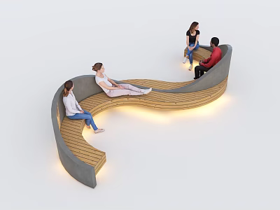 Modern Garden Landscape Design With Curved Wooden Bench Lighting And People Sitting 3d model