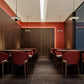 Modern Hotel Lobby Interior With Decorative Screen Staircase Orange Lighting And Dark Flooring