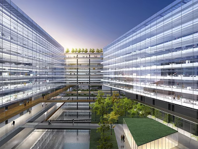 Modern Multi Story Office Building With Glass Facade Central Courtyard Greenery And Water Feature 3d model
