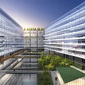 Modern Multi Story Office Building With Glass Facade Central Courtyard Greenery And Water Feature