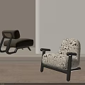 Stylish Modern Leisure Chairs with Brown Fabric Patterned Design and Black Frame on Wooden Floor