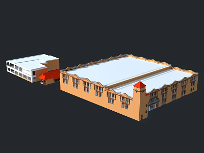 Yellow Multi Story Industrial Building With White Roof And Red Accent Tower 3d model