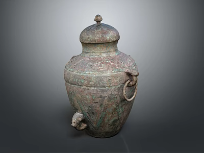 Decorative Ornament Set Bronze Vintage Style Jar With Lid Ring Handle And Animal Head Accents 3d model