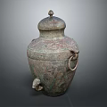 Decorative Ornament Set Bronze Vintage Style Jar With Lid Ring Handle And Animal Head Accents