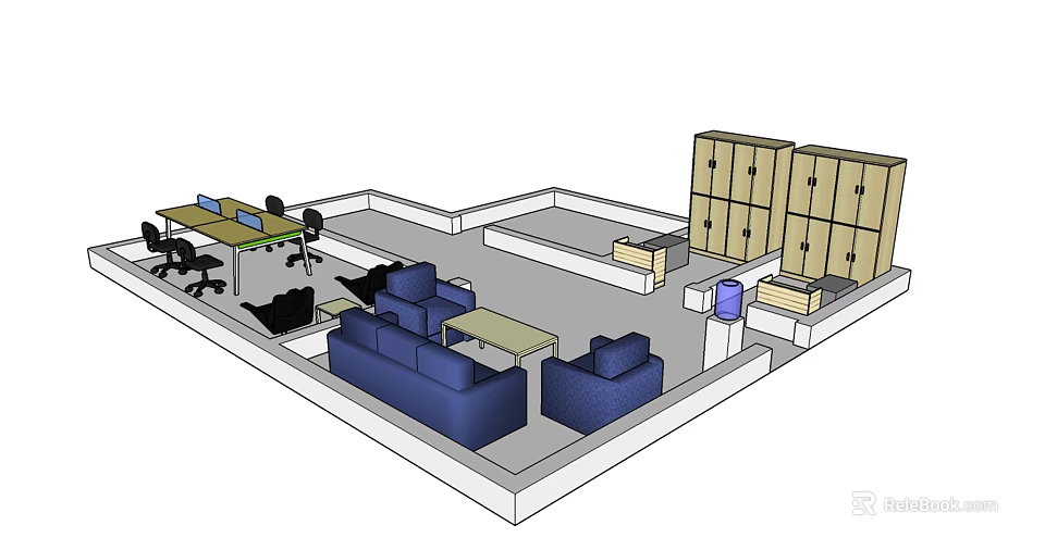 Modern Interior Layout Featuring Sofa Coffee Table Combination Desk And Chairs 3d model 