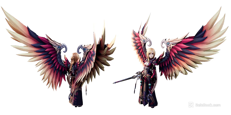 Fantasy Game and Movie Character With Large Colorful Wings And Ornate Armor Weapon 3d model 