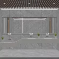 High End Modern Public Restroom With Marble Tiles Illuminated Mirror And Integrated Sink Counter Design