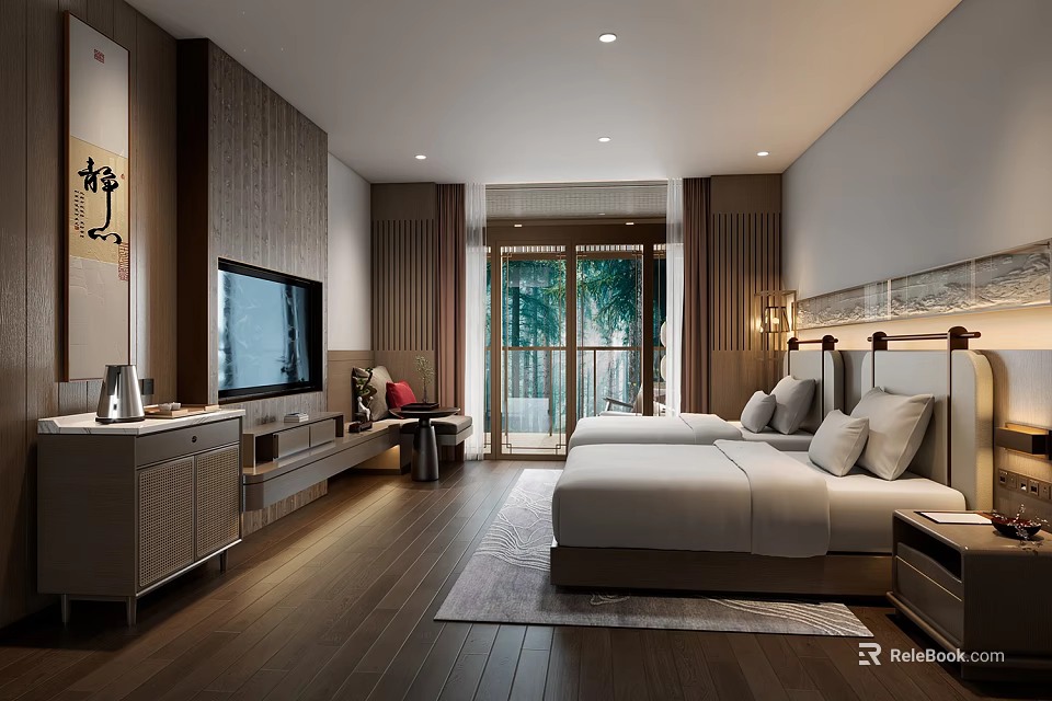 Modern Chinese Hotel Guest Room With King Bed Wooden Decor And Floor To Ceiling Windows 3d model 