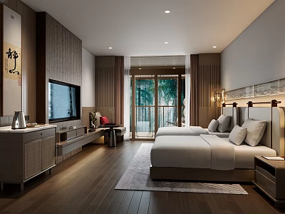 Modern Chinese Hotel Guest Room With King Bed Wooden Decor And Floor To Ceiling Windows 3d model