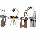 Various Design Side Tables with Plants Table Lamp Books and Vase 3d model