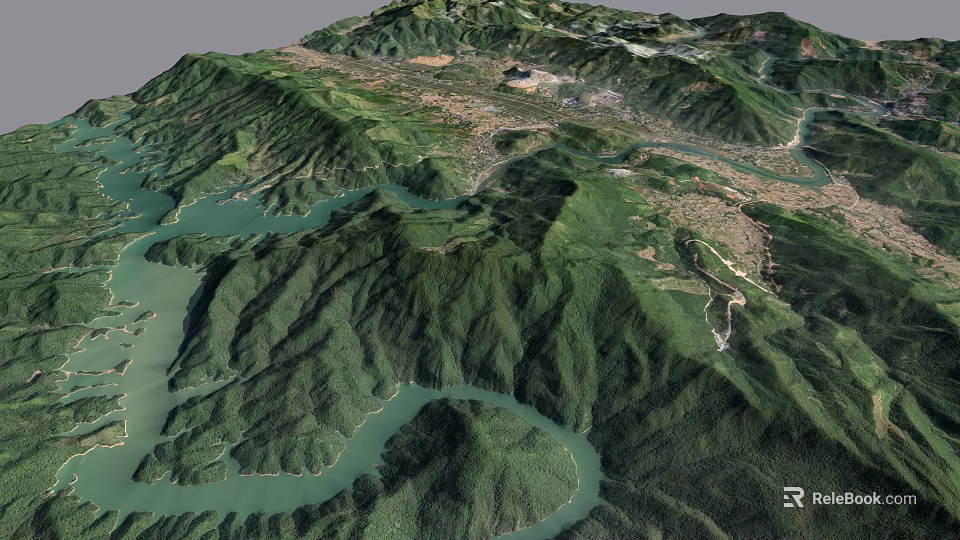 Aerial Planning View of Mountainous Terrain With Winding Rivers and Lush Green Landscapes 3d model 
