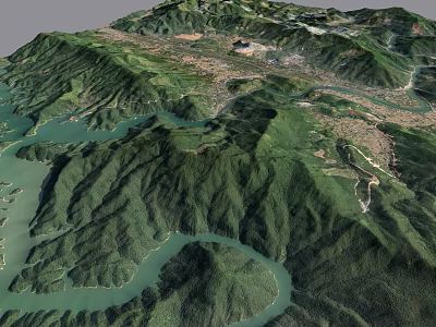 Aerial Planning View of Mountainous Terrain With Winding Rivers and Lush Green Landscapes 3d model
