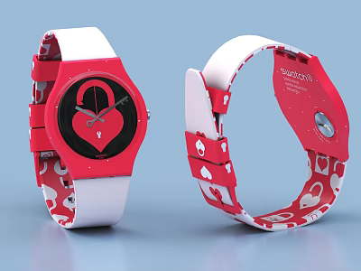 Swatch Red And White Watches With Heart Pattern On Straps And Black Dial Design 3d model