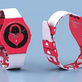 Swatch Red And White Watches With Heart Pattern On Straps And Black Dial Design