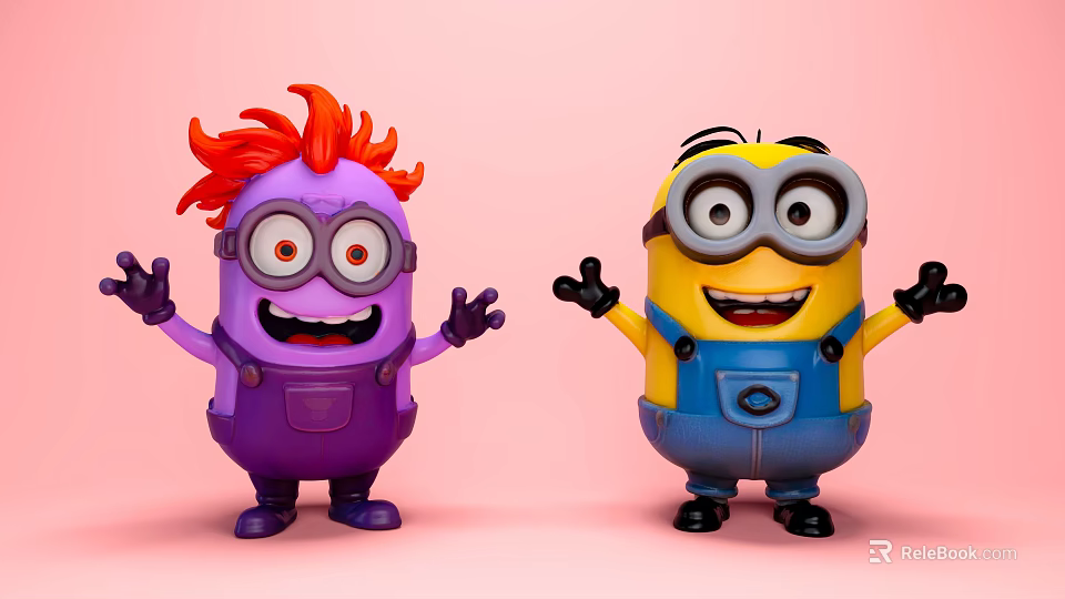 Cheerful Animated Movie Characters Purple Red Haired And Yellow Goggled With Blue Overalls 3d model 