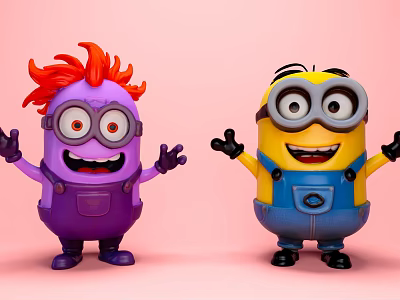 Cheerful Animated Movie Characters Purple Red Haired And Yellow Goggled With Blue Overalls 3d model