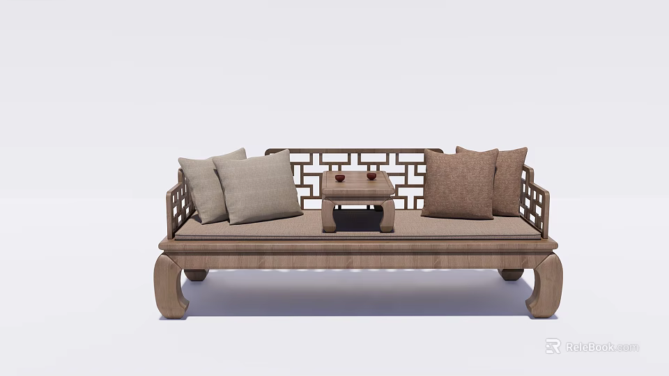 Traditional Chinese Daybed with Wooden Frame and Soft Cushions and Small Coffee Table 3d model 