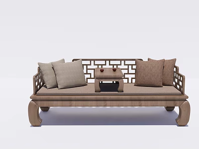 Traditional Chinese Daybed with Wooden Frame and Soft Cushions and Small Coffee Table 3d model