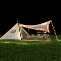 Garden Landscape with Night Tent Starry Sky Lighting and Green Outdoor Furniture