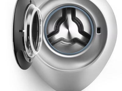Modern Silver Front Loading Washing Machine With Transparent Door And Interior Drum Details 3d model