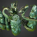 Cartoon Scene with Green Rocks and Coiling Dragons Surrounded by Plants