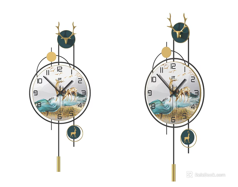 Decorative Wall Clocks With Deer Pattern Golden Accents And Hanging Pendants 3d model