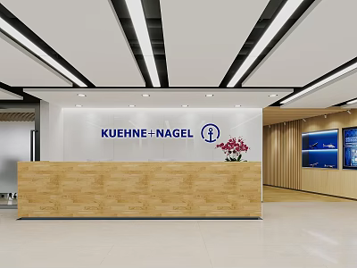 Bright Modern Light Wooden Corporate Office Reception Area With Brand Logo Display On White Wall 3d model