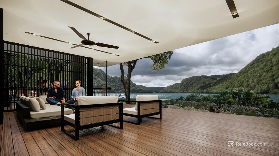 Garden Landscape Design With Wooden Deck Outdoor Seating Lake View And Mountain Scenery 3d model 