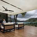 Garden Landscape Design With Wooden Deck Outdoor Seating Lake View And Mountain Scenery