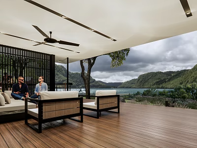 Garden Landscape Design With Wooden Deck Outdoor Seating Lake View And Mountain Scenery 3d model