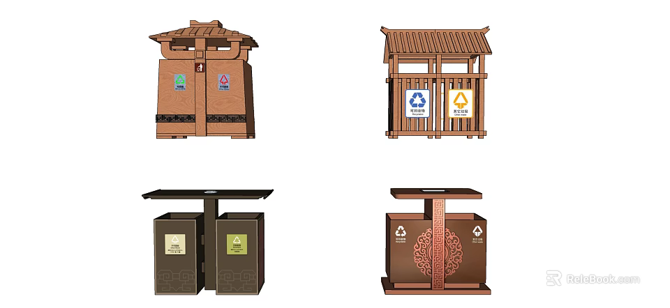 Public Facilities Traditional And Modern Style Trash Bins With Recycling Symbols For Waste Management 3d model 