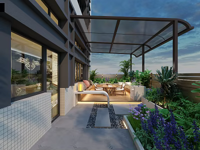 Modern Terrace Garden With Glass Canopy Outdoor Furniture Plants And Lighting 3d model